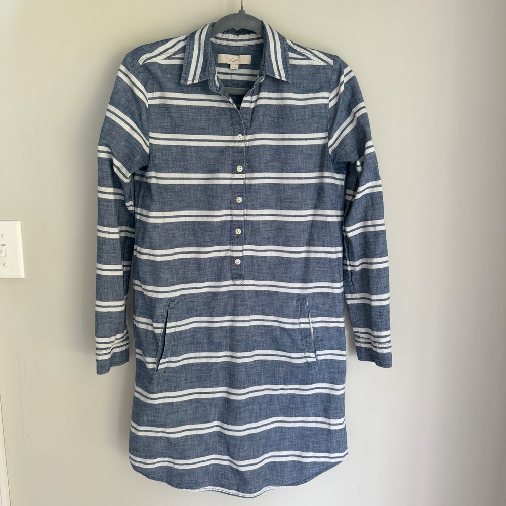 Loft 100% Cotton Shirt Dress Button Down Gray Blue Stripe Pockets Collar Size 6